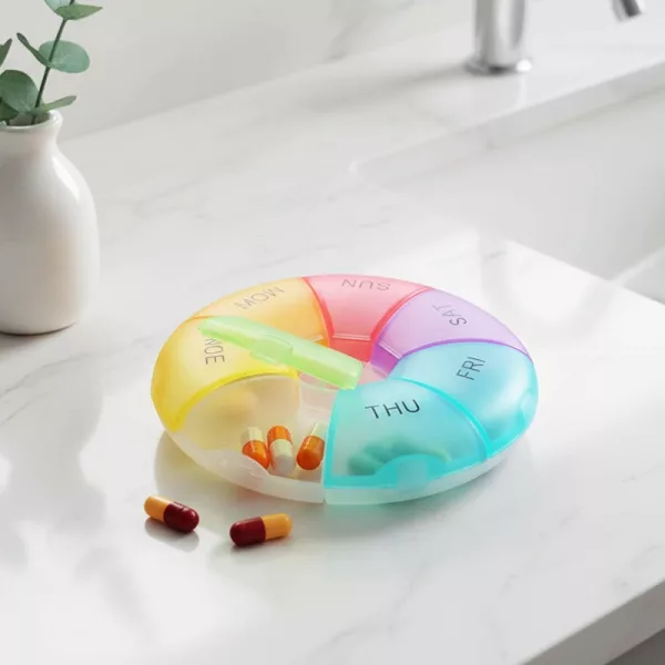 pill organizer, pill box, pill container, pill case, weekly pill organizer, travel pill case, round pill organizer