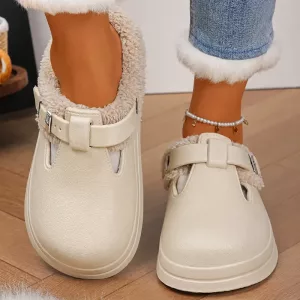 Waterproof Plush Platform House Slippers Warm Closed-Toe Fuzzy Home Shoes